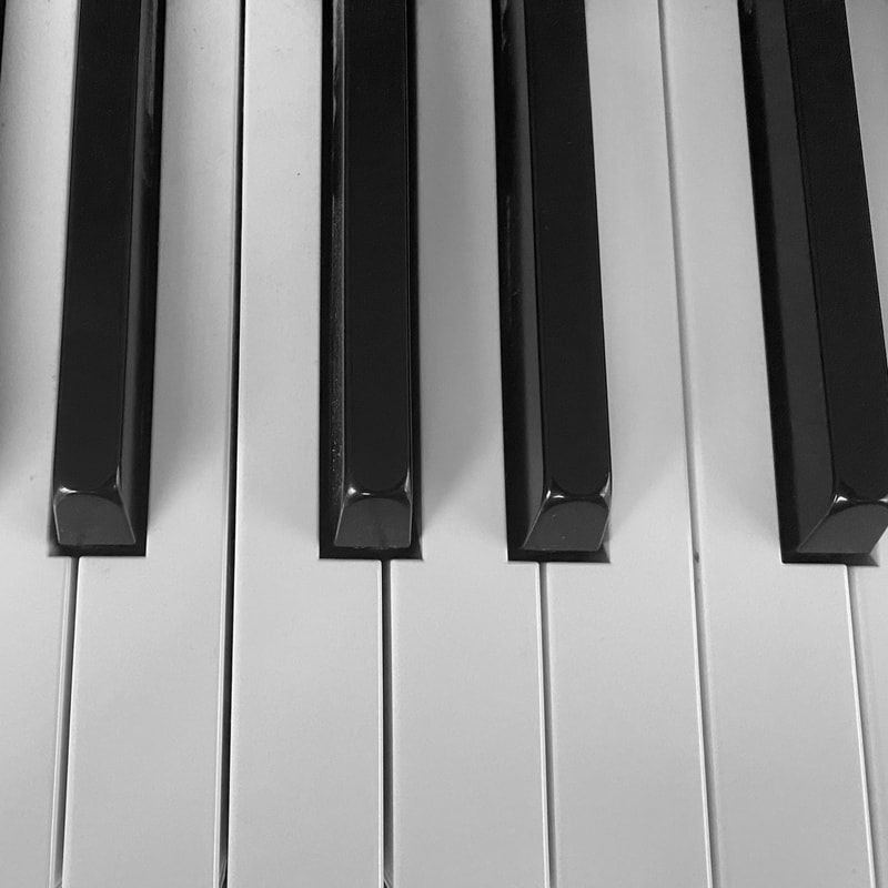 Close up of a piano keyboard showing the A, A Sharp or B Flat, B, C, C Sharp or D Flat, D, D Sharp or E Flat, E, F, F Sharp or G Flat, and G.